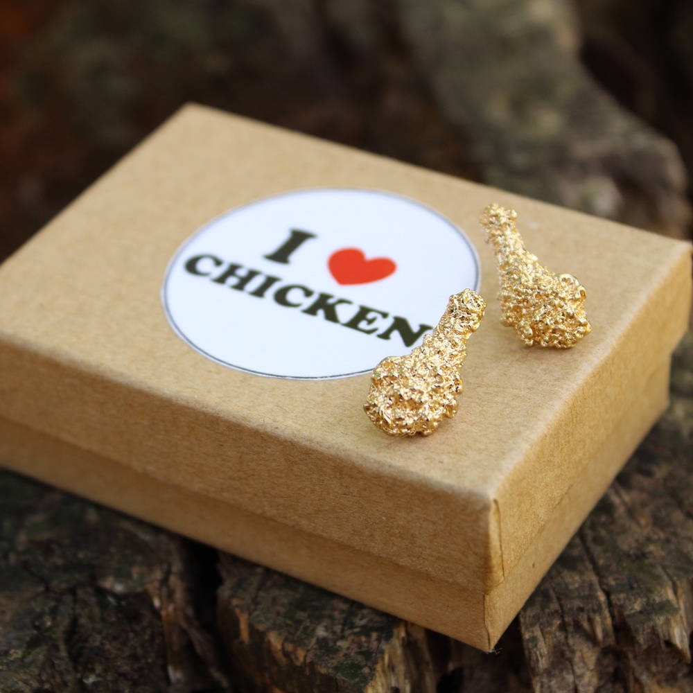🐓 NEW Gold Chicken drumstick STUD earrings made in NYC Cute Foodie Gift, unisex